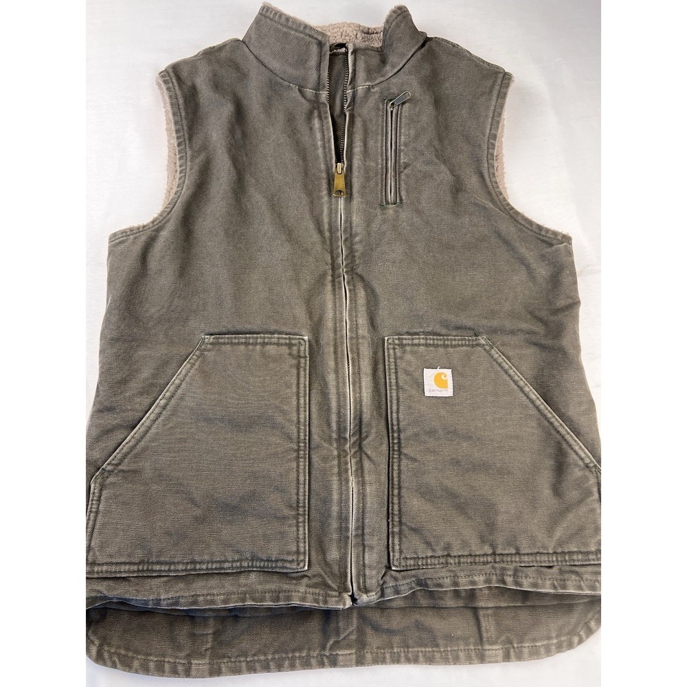 VTG Carhartt Sherpa Lined Duck Vest Sandstone Green Canvas Workwear WV001-383 M